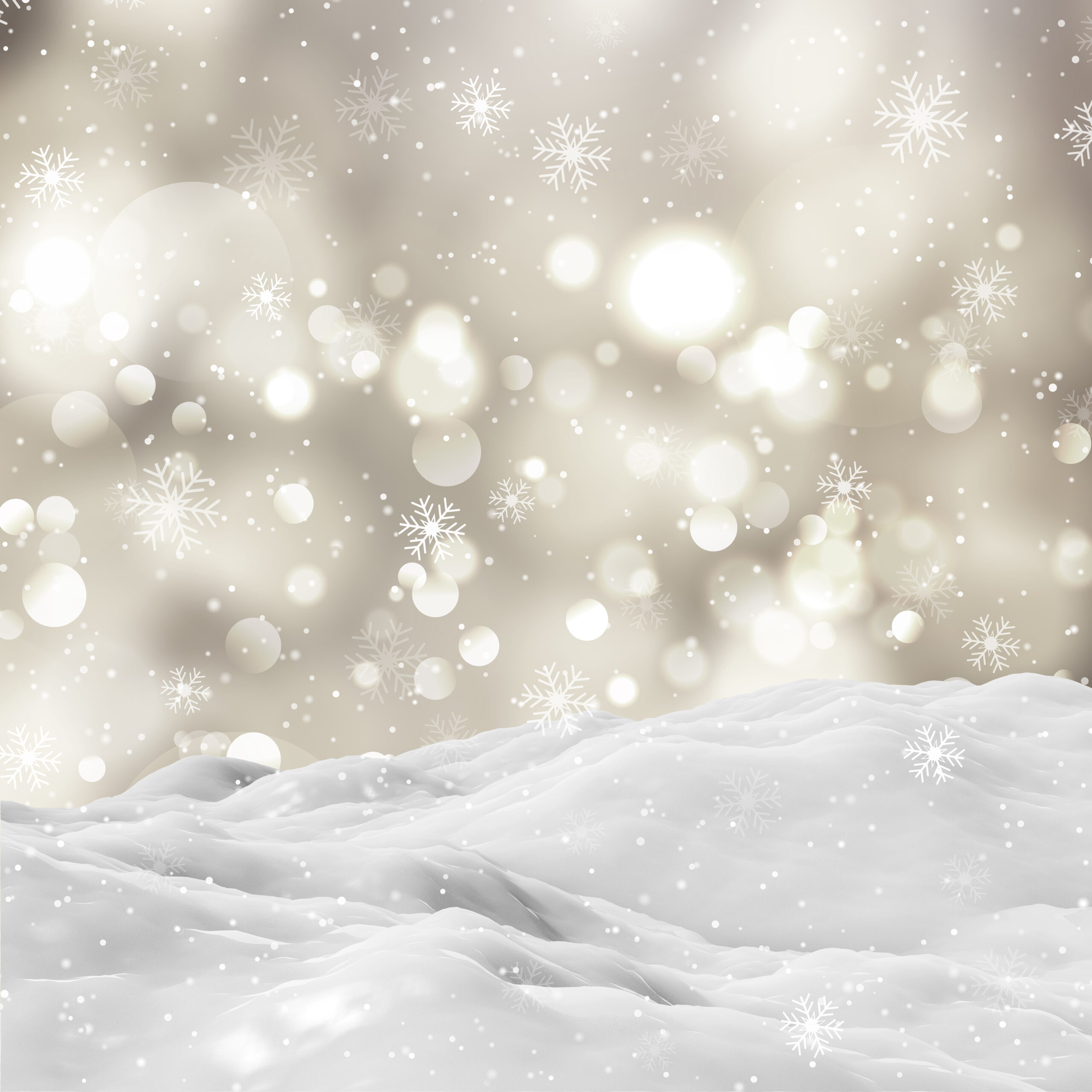 3d snowy winter landscape with bokeh lights and falling snowflak